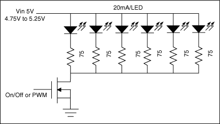 図1. 大半のアプリケーションは、単純に固定のバイアス電圧(この場合は5V)と安定抵抗器(この場合は75Ω)を使用して、白色LEDの輝度マッチングをおおよそで達成しています。