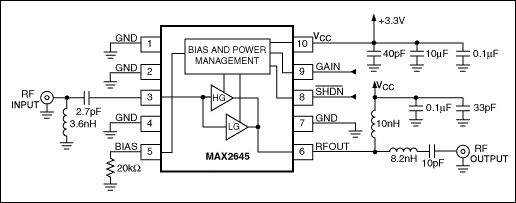 図1. 2.14GHz用に最適化されたMAX2645 SiGe LNAの動作回路