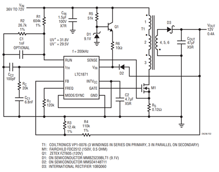 Figure 2. A Small, Non-Isolated 12V Flyback Telecom Housekeeping Supply.