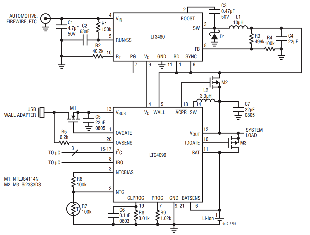 Figure 3. A single IC, the LTC4099, Efficiently Manages Power from Three Sources: the USB, a Li-Ion Battery and a Stepped-Down High Voltage Source. Its Efficient Battery Charger Uses the Bat-Track Feature to Minimize Power Losses When Charging the Battery.