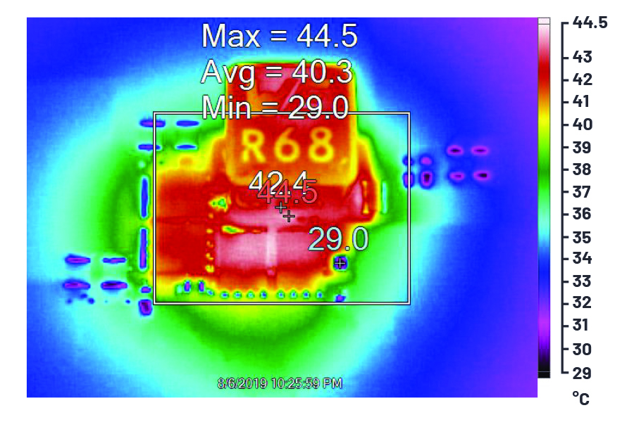 図4 コンバータの熱画像(VIN 12V、VOUT 3.3V 20A、空気流なしの自然対流冷却)