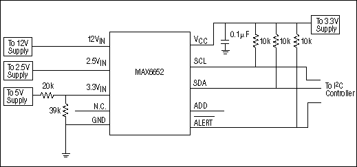 Figure 2. Circuit of Example 2. The same as Example 1, but the MAX6652 operates from a 3.3V supply, which necessitates attenuating the 5V supply so that it can be monitored at the 3.3VIN input.