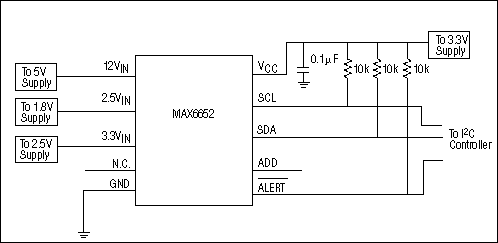 Figure 4. Circuit of Example 4. This circuit is an alternative to the low-voltage circuit in Example 3. Monitored voltages are still 5V, 3.3V, 2.5V, and 1.8V, but the inputs to the 3.3VIN and 2.5VIN pins are swapped to give better resolution when measuring the 1.8V supply.