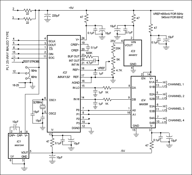 Figure 1. This 4-channel data logger obtains power and control signals through the printer port of a PC. The PC can present the data as a plot or a list, or route it to a file for later analysis.