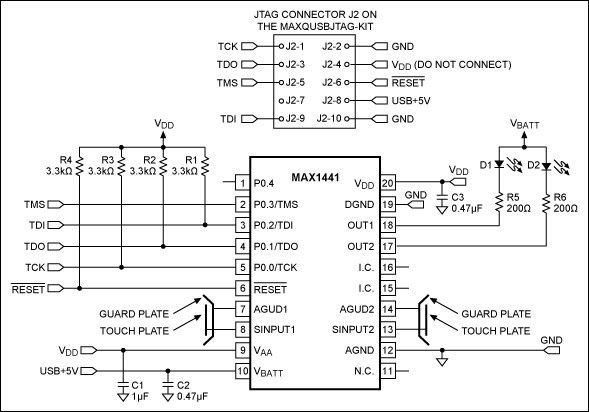 図1. MAX1441アプリケーション回路とMAXQUSBJTAG-KITボードとの間のJTAGインタフェースの接続