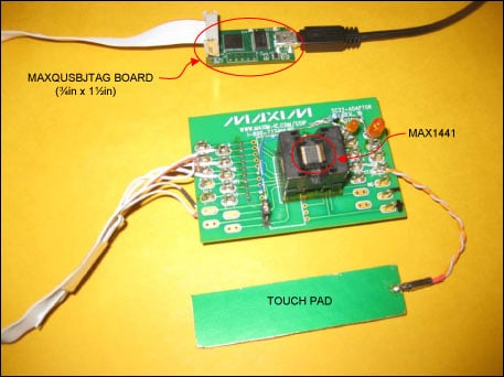 図2. MAX1441アプリケーションボードとMAXQUSBJTAG-KITの接続セットアップ