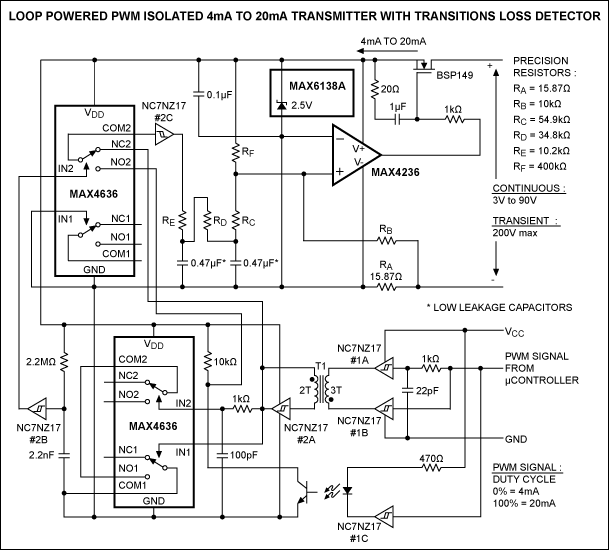 Figure 2. Adding a transitions-loss detector to the Figure 1 circuit eliminates the brief output uncertainty that can accompany a power-up, power-loss, or loss of input signal.