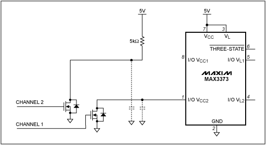 Figure 2. This circuit is used to evaluate the rise time vs. capacitance and clock rate of the MAX3373 circuit. Channel 1 utilizes the MAX3373 to accelerate the rise time, while the rise time on Channel 2 is determined by a simple pullup resistor and parasitic capacitance.