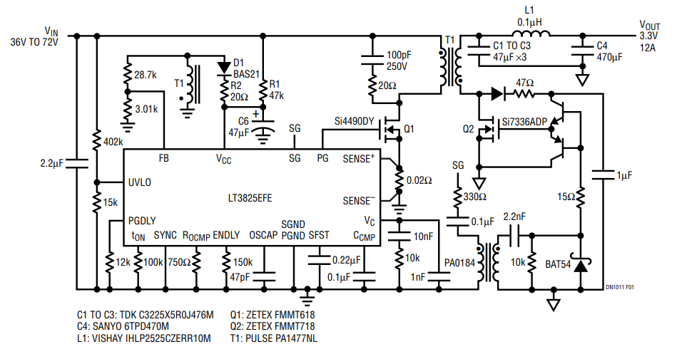 Figure 1. Simple, High Efficiency 36VIN-72VIN to 3.3VOUT at 12A Synchronous Flyback.