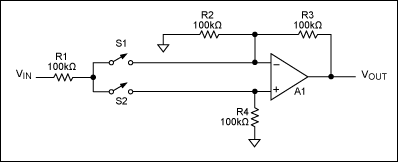 Figure 1. When S1 is open and S2 closed, this circuit is an inverting amplifier with a gain of -1. When S1 is closed and S2 opened, the circuit is a noninverting amplifier with a gain of +1.