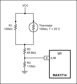 Figure 1. This resistive network temperature-compensates the current-limit input (ILIM) of a DC-DC converter.