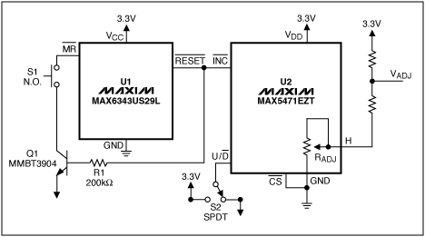 Figure 1. This design uses an extended-delay manual-reset device and a 32-tap nonvolatile digital potentiometer to implement a push-and-hold switch to adjust control settings.