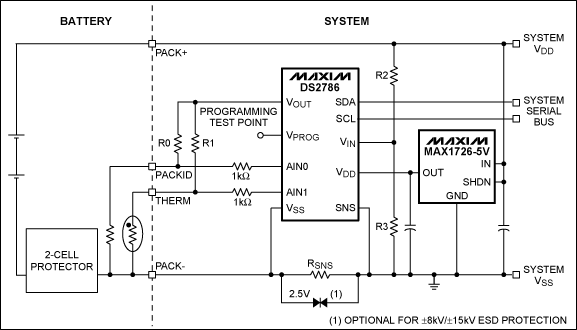 Figure 1. The DS2786 on the host side of a 2-cell Li+/Li-Poly application.