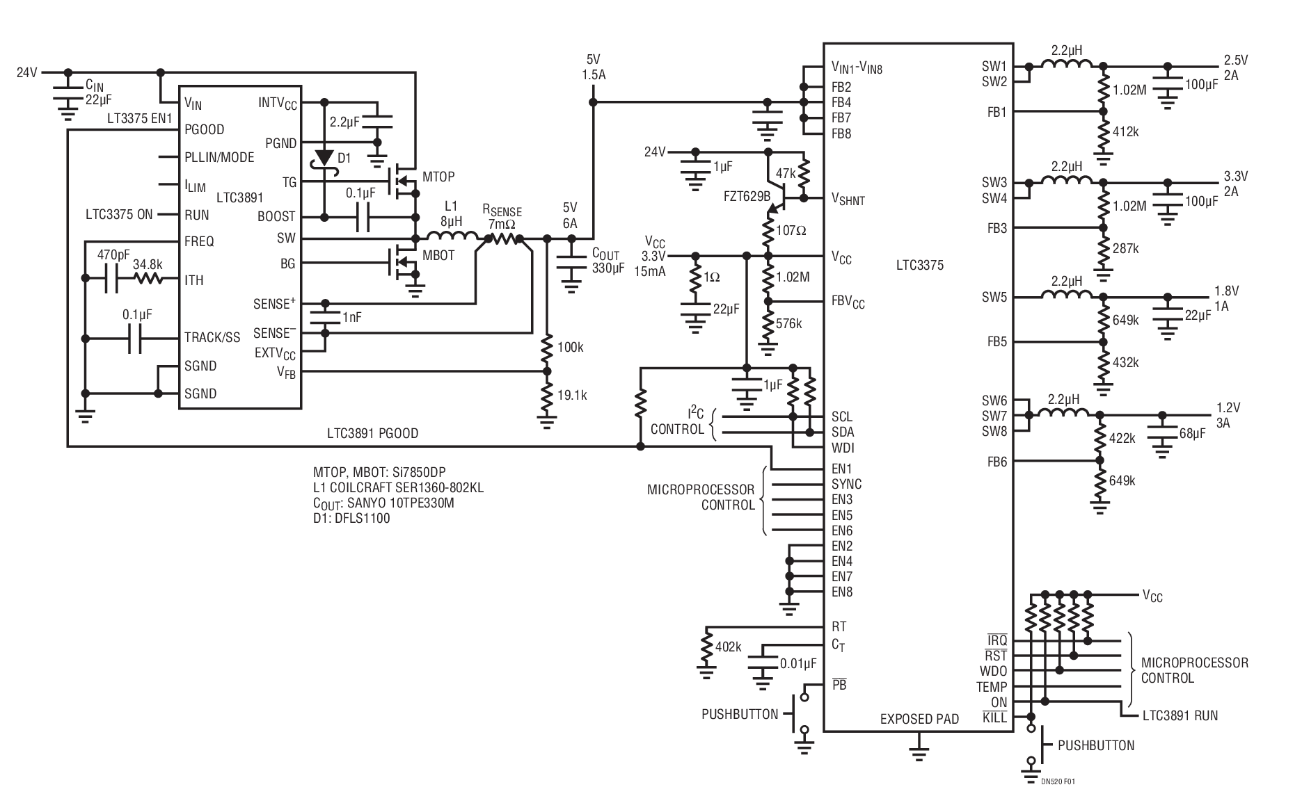 図 1.上流の高電圧常時オン降圧 LDO をプッシュボタンで制御可能な低電圧電源