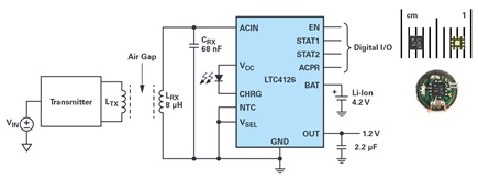 Complete 6 mm diameter wireless battery charger receiver with integrated dc-to-dc converter