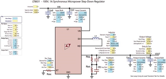 図3. マイクロパワーの降圧コンバータ(LT8631)を使用して3.3Vを生成する回路 Figure 3. The LT8631 micropower buck converter solution.