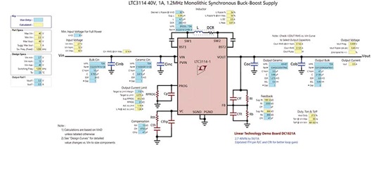 図6. 昇降圧コンバータ(LTC3114-1)を使用して3.3Vを生成する回路 Figure 6. The LTC3114-1, buck-boost converter configured to have an output voltage of 3.3 V.