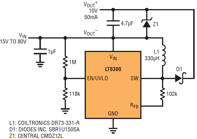 図10.入力がVINで出力が(VIN + 10V)のマイクロパワー・ コンバータ