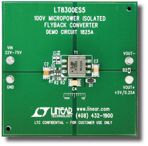 図2.LT8300絶縁型フライバック・ コンバータのソリューション・サイズは、 標準のデモ基板DC1825A内で1インチ ×½ インチを下回ります。