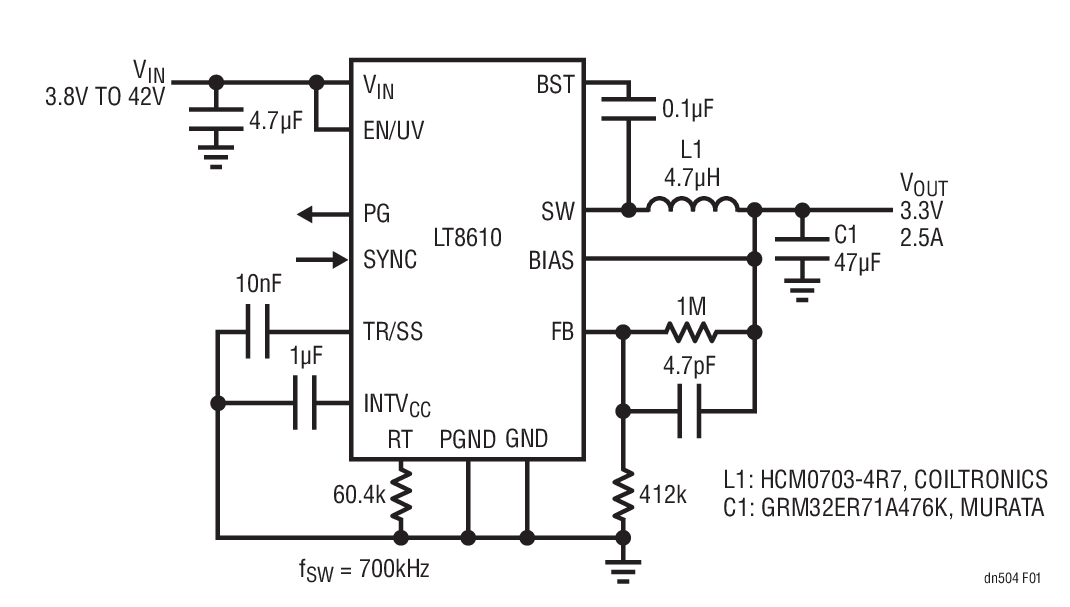 LT8610 12V to 3.3V Application  Achieves High Efﬁciency