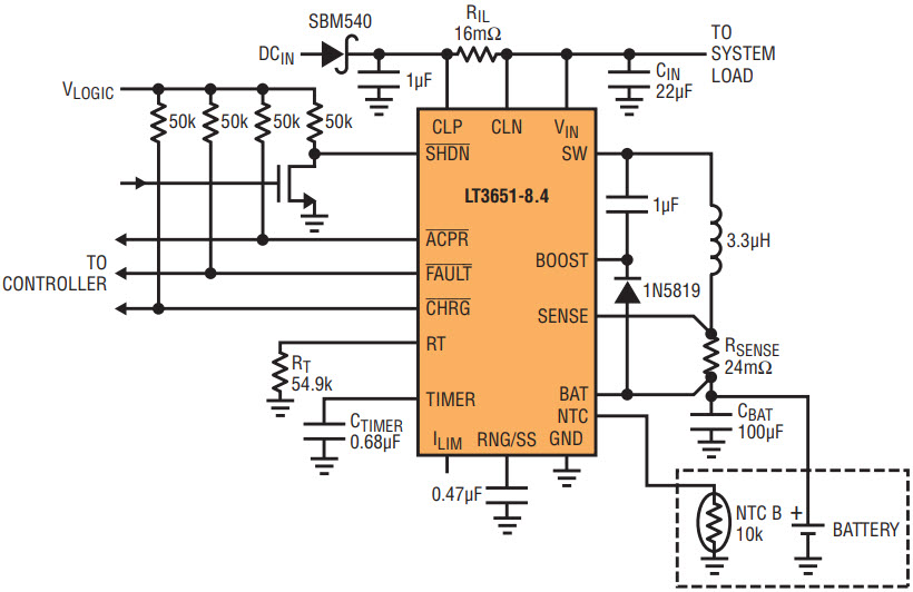 図2.入力電流制限機能と3時間の充電タイムアウト機能を備えた9V~32Vの2セル・リチウムイオン・バッテリ・チャージャ