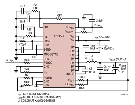 Figure 1. LTC3649 Step-Down Converter Delivers 5V at 4A from Inputs Up to 60V