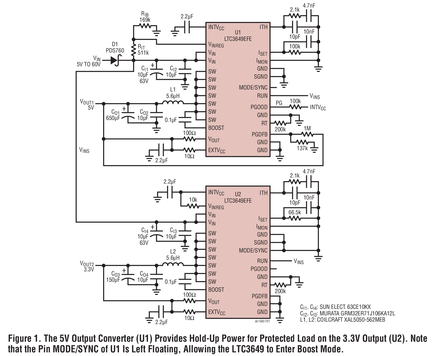 Figure 1. The 5V Output Converter (U1) Provides Hold-Up Power for Protected Load on the 3.3V Output (U2). Note that the Pin MODE/SYNC of U1 Is Left Floating, Allowing the LTC3649 to Enter Boost Mode.