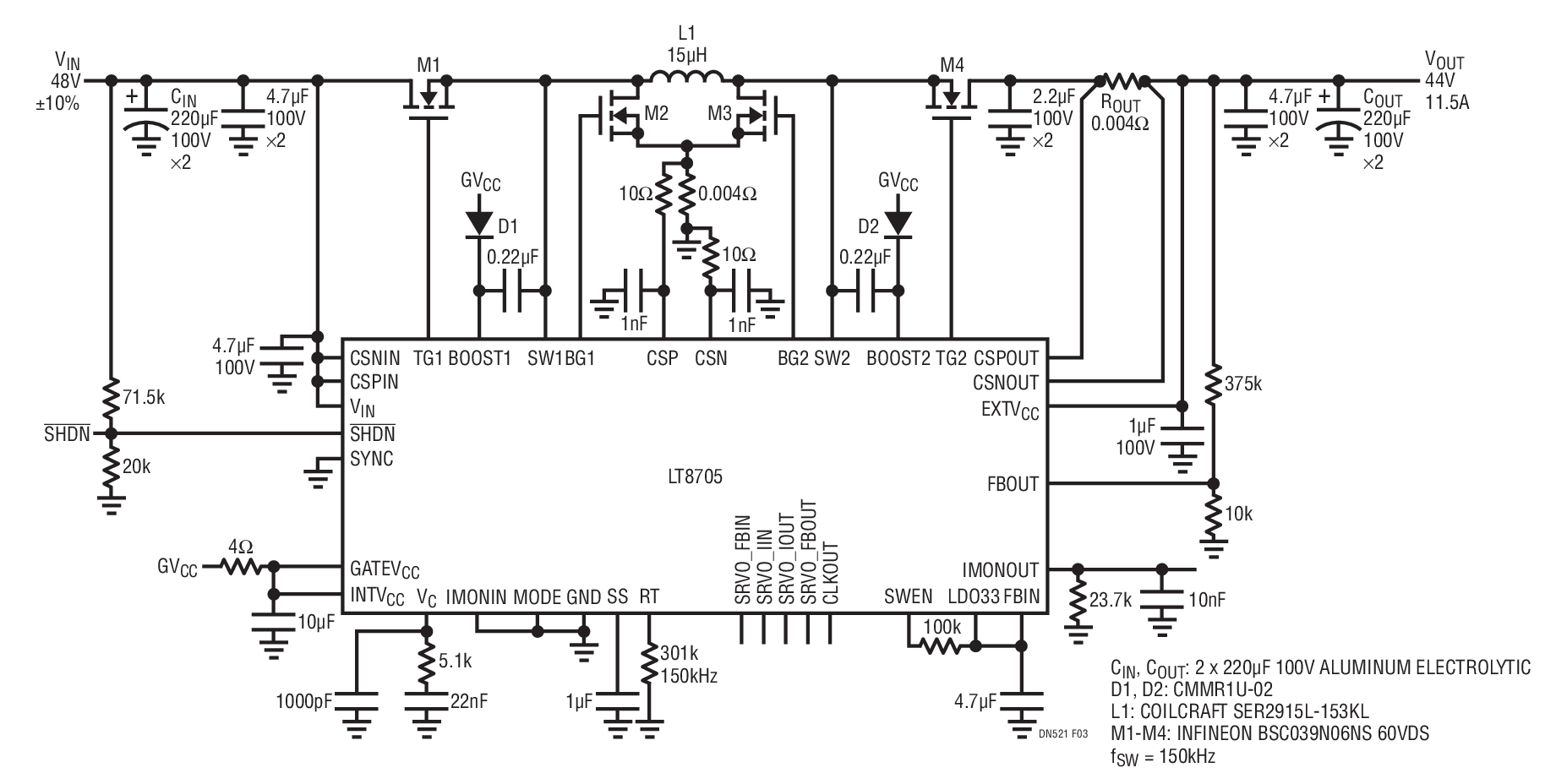 LT8705 500W, 44V, 11.5A Buck-Boost Converter for High Powered Battery Supply