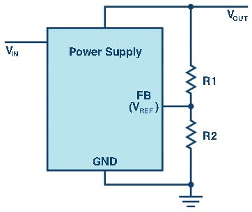 図1. レギュレータICに付加された分圧器。出力電圧の調整に使用します。