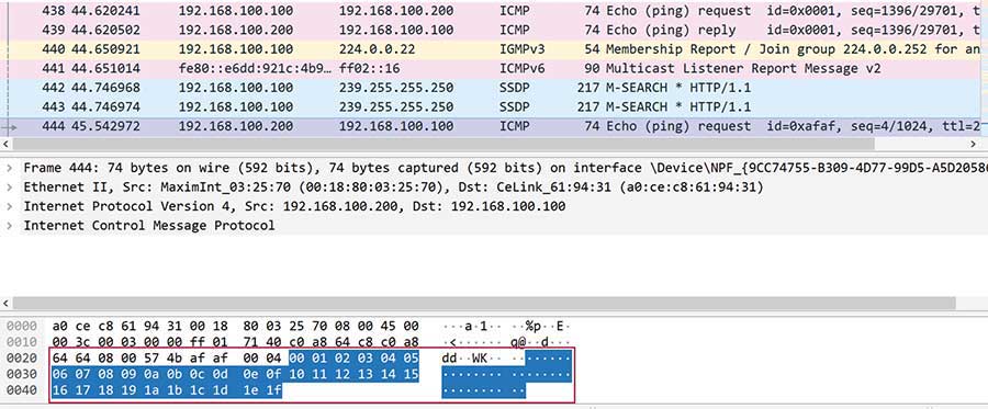 図6. Wiresharkに表示されたpingの詳細データ