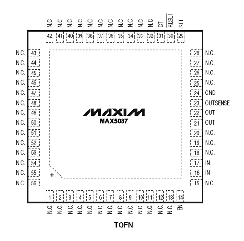 図5. MAX5087リニアレギュレータのパッケージオプションの1つに56ピンQFNがあり、最大許容電力損失が3.8Wに増大します。