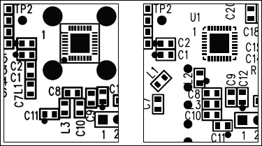 Figure 2. Two different PCB layouts are shown, one with poor component orientation (L1 and L3) and the other, preferable orientation.