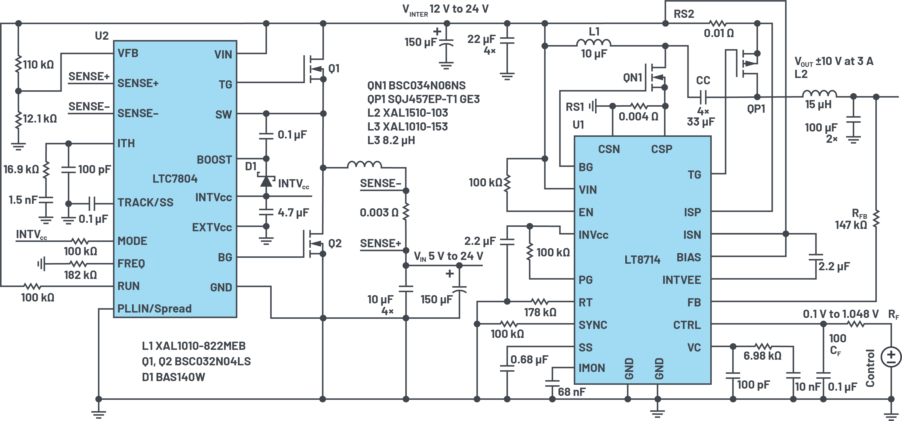図1 バイポーラ双方向2端子電源の回路図:VIN = 5V~24V、VOUT = ±10V(3A)