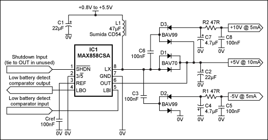 Figure 1. Adding external charge pumps to this 5V boost converter produces auxiliary analog rails of 10V and -5V.
