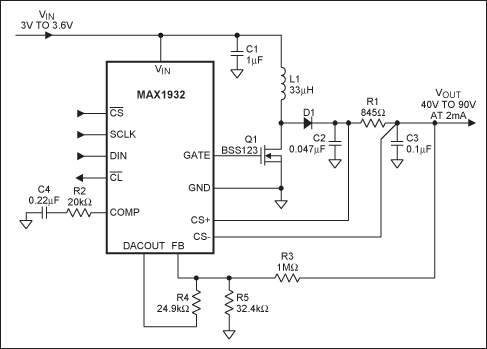 Figure 1. Typical application circuit for 3V to 3.6V input, 40V to 90V output at 2mA.