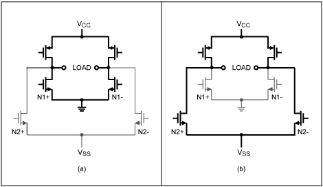 Figure 1a and b. MAX9788 Class G output stage operating from the low supply (a), and from the high supply (b).