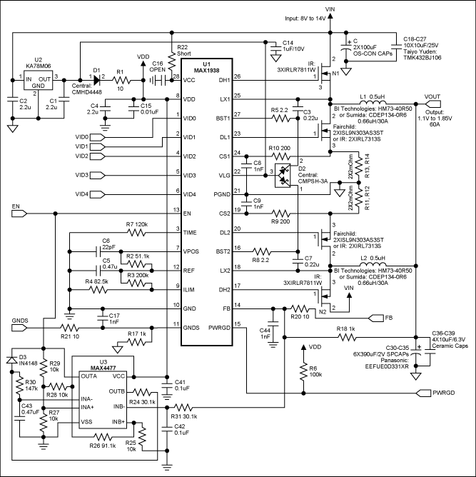 Figure 1. The MAX1937 dual phase 60A output current CPU core supply with hiccup mode.