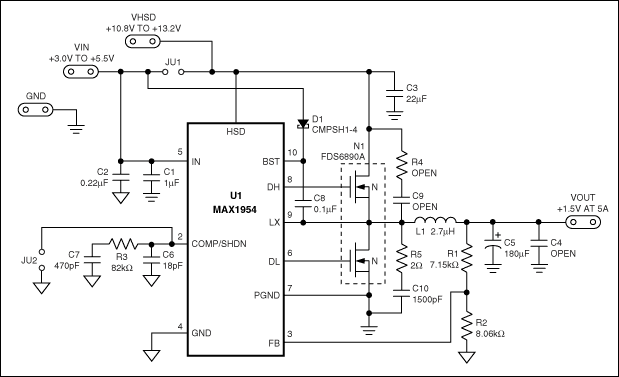 図2. 大電流ステップダウンコンバータ用のMAX1954評価キットの回路図。さまざまなグランド記号に留意してください。.