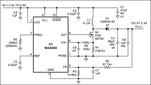 図10. CMCで動作する昇圧コンバータ。MAX668を使用して構成しています。