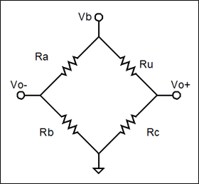 図9. 同じ電圧源から電力を供給される2つの電圧分圧器から構成されるホイートストンブリッジの図