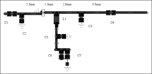 図2. 入出力マッチングのレイアウト(50Ωラインは0.4mm)