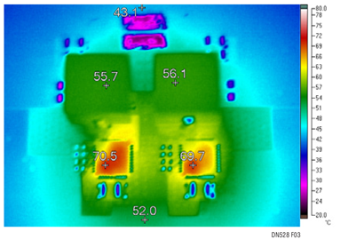 Thermal Image of the Circuit Shown in Figure 1. fSW = 400kHz, VIN = 12V, VOUT = 1.2V, IOUT = 60A, no Airflow and 21°C Ambient