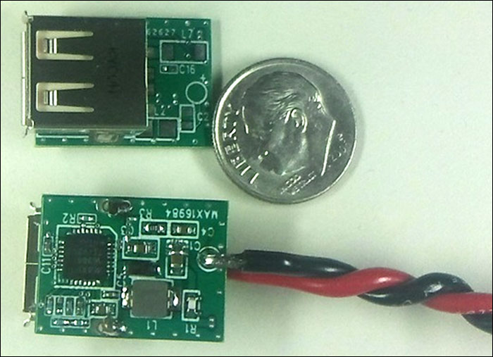 完全なMAX16984ソリューションの形状と米国10セントコインの比較 完全なMAX16984ソリューションの形状と米国10セントコインの比較
