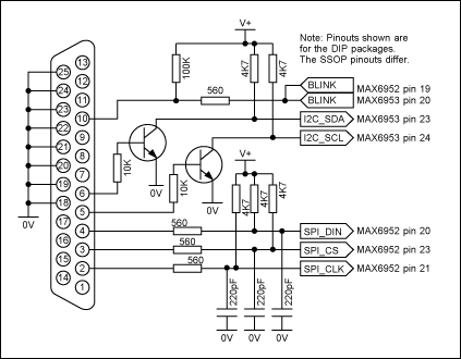 Figure 1. MAX6952 or MAX6953 connections to the parallel port.