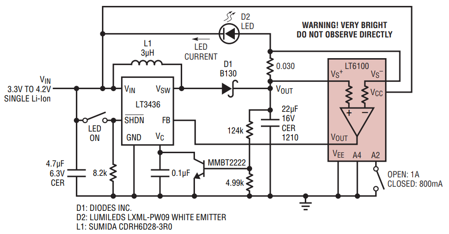 図11. 白色LED用の電流コントローラ。1A/800mAの電流が得られます。