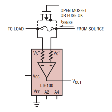 図5. MOSFET/ヒューズの両端の電圧を検出するための回路。LT6100の入力部は、ハイ・インピーダンスを維持したまま分離することができます。MOSFET/ヒューズを検出の対象にするにあたって懸念が生じることはありません。
