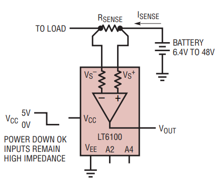 図6. LT6100の入力トポロジの効果。バッテリを外すことなく電源を切断することができます。LT6100の入力はハイ・インピーダンスのまま保たれます。