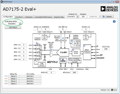 図 2. 機能モデル評価モードのAD7175-2 Eval+ softwareの［Configuration］タブ