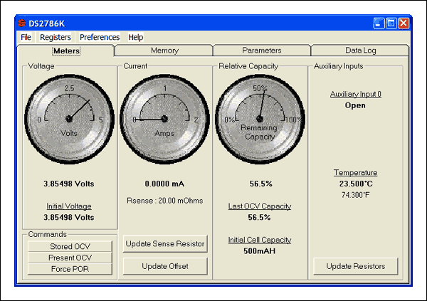 Figure 3. The evaluation kit software continually updates the Relative Capacity field on the METERS tab of the DS2786K.