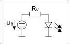図2. 1個の抵抗器と定電圧源を使うと簡単にLEDを動作させることができます。.